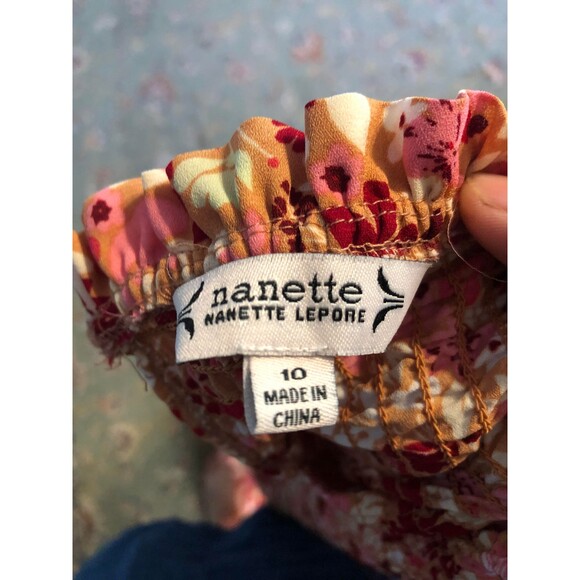 Nanette Lepore Smocked Floral Printed Red + Pink Midi Dress, size 10 - Picture 4 of 6